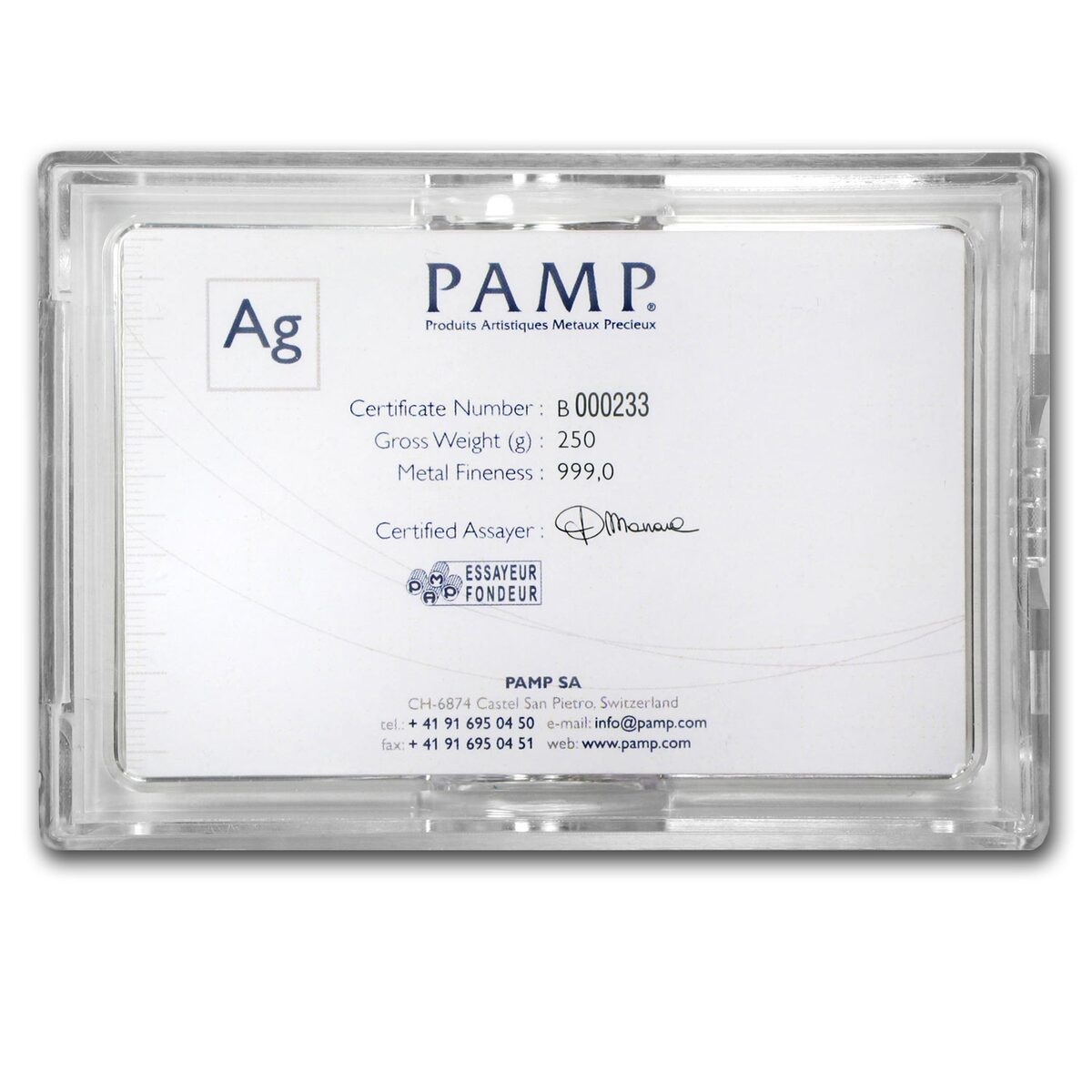 250 gram Silver Bar - PAMP Suisse (Fortuna, In Capsule w/Assay)