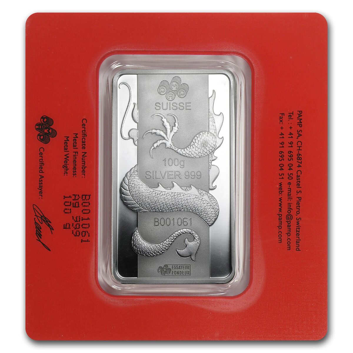100 gram Silver Bar - PAMP Suisse (Year of the Dragon)