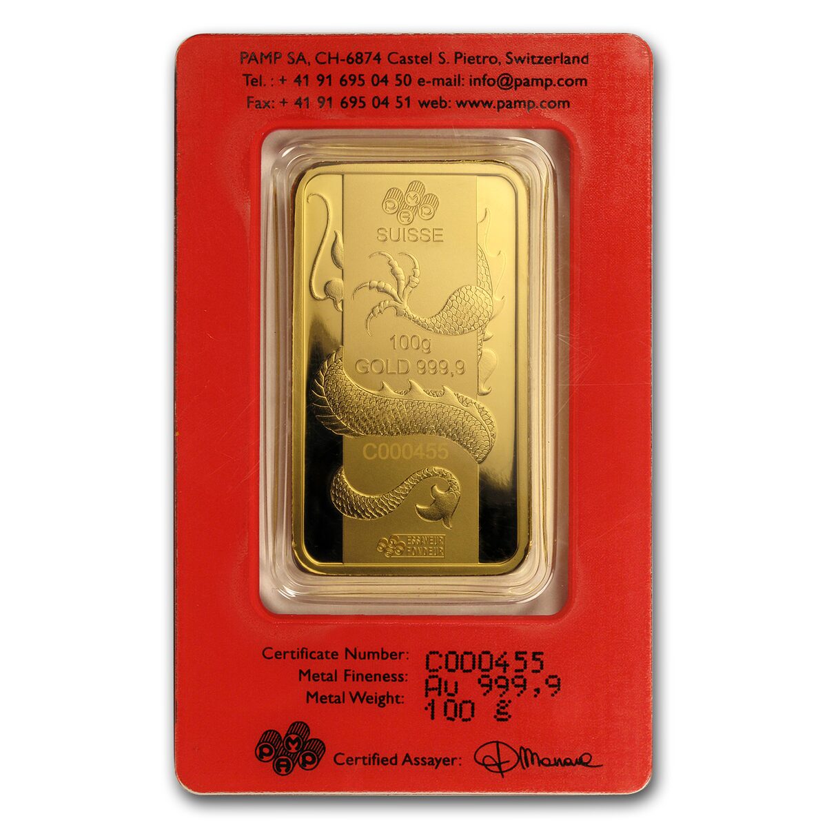 2012 100 gram Gold Bar- PAMP Suisse Year of the Dragon (In Assay)
