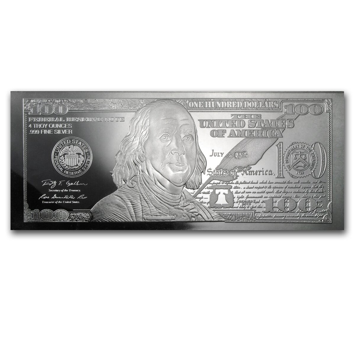 4 oz Silver Bar - 2013 $100 Bill (W/Box & COA)