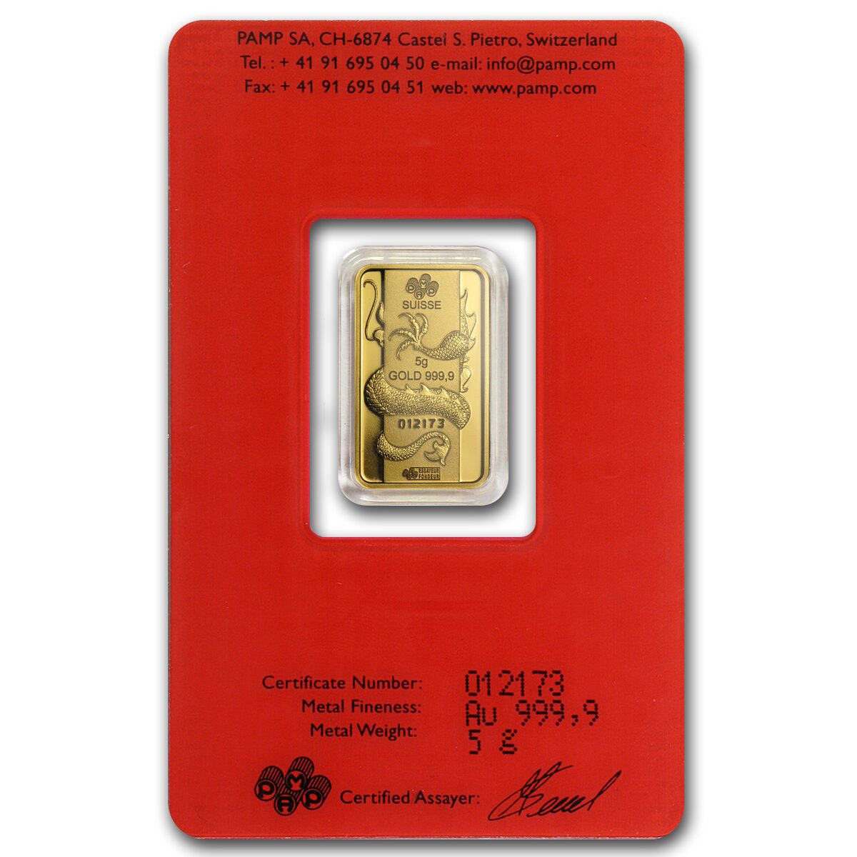 2012 5 gram Gold Bar - PAMP Suisse Year of the Dragon (In Assay)