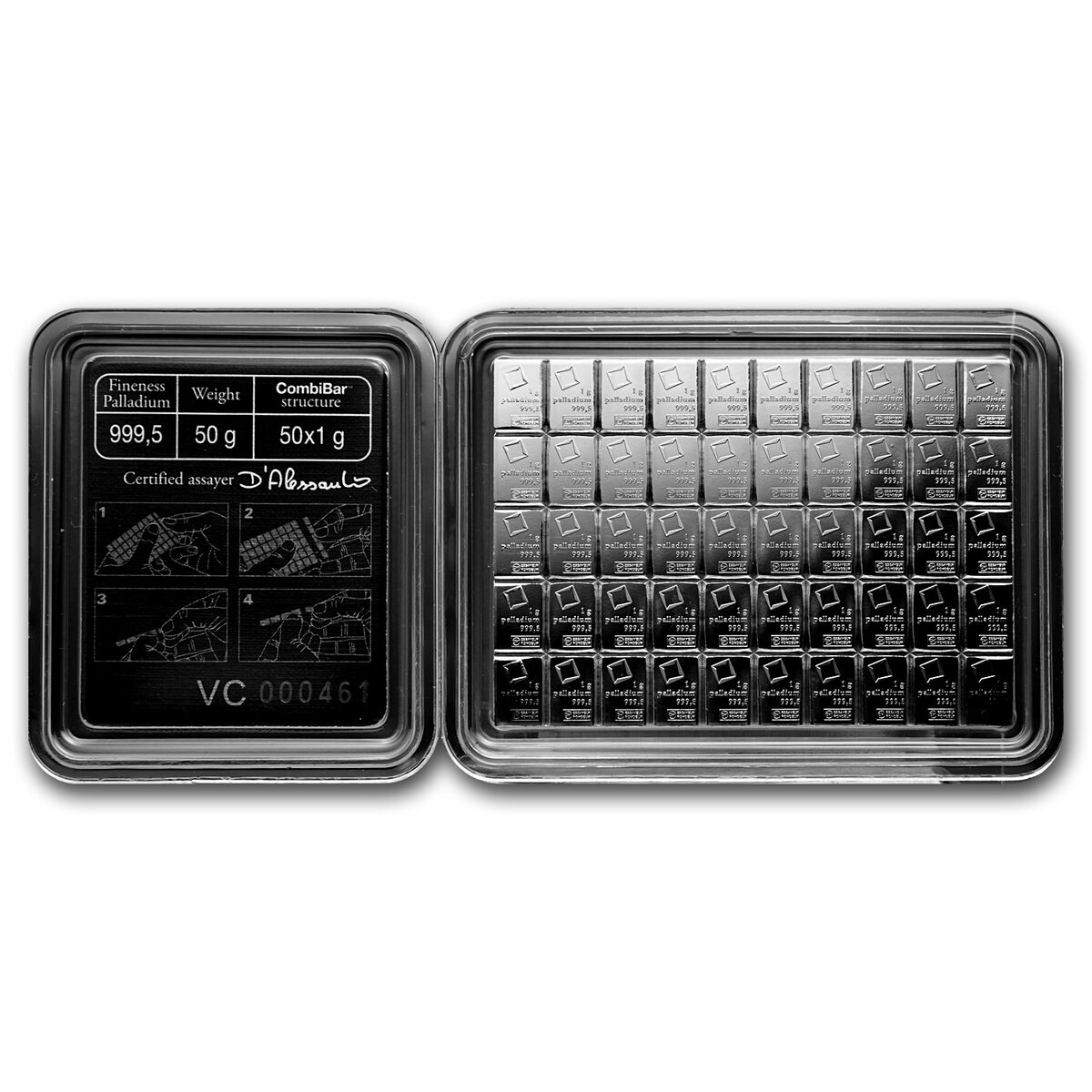 50x 1 gram Palladium CombiBar™ - Valcambi Suisse (In Assay)