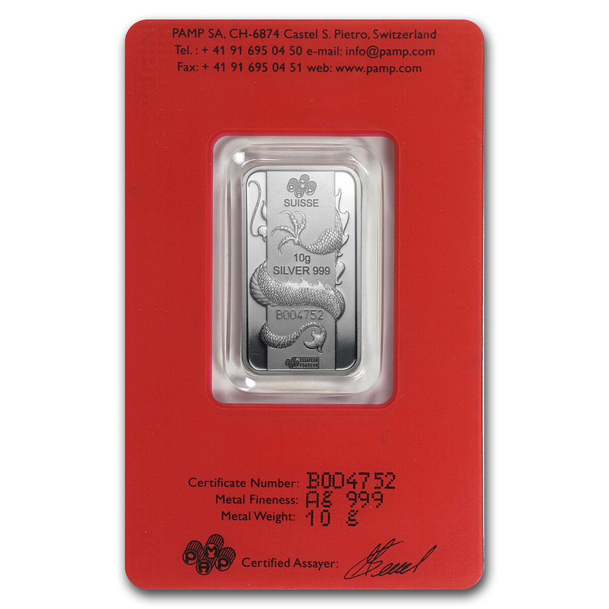 10 gram Silver Bar - PAMP Suisse (Year of the Dragon)