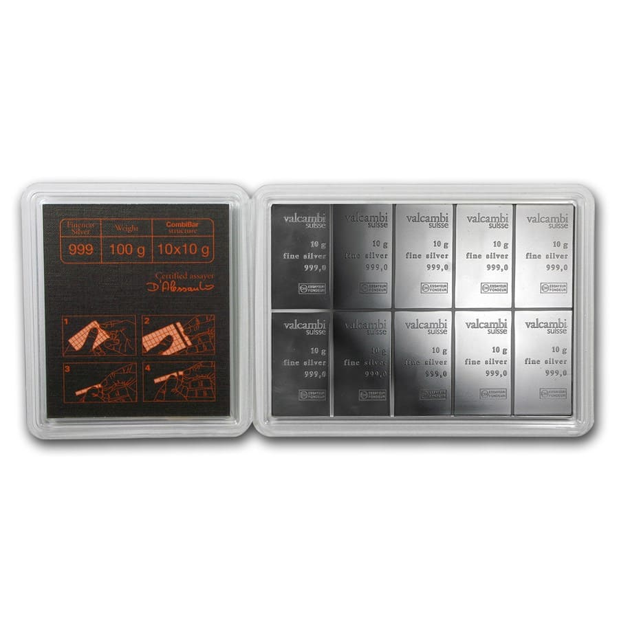10x 10 gram Silver Bar - Valcambi Silver CombiBar™ (w/Assay)