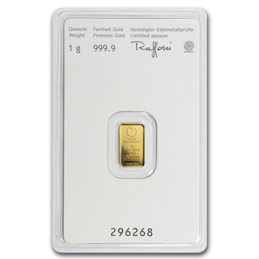 1 gram Gold Bar - Austrian Mint Kinebar Design (In Assay)