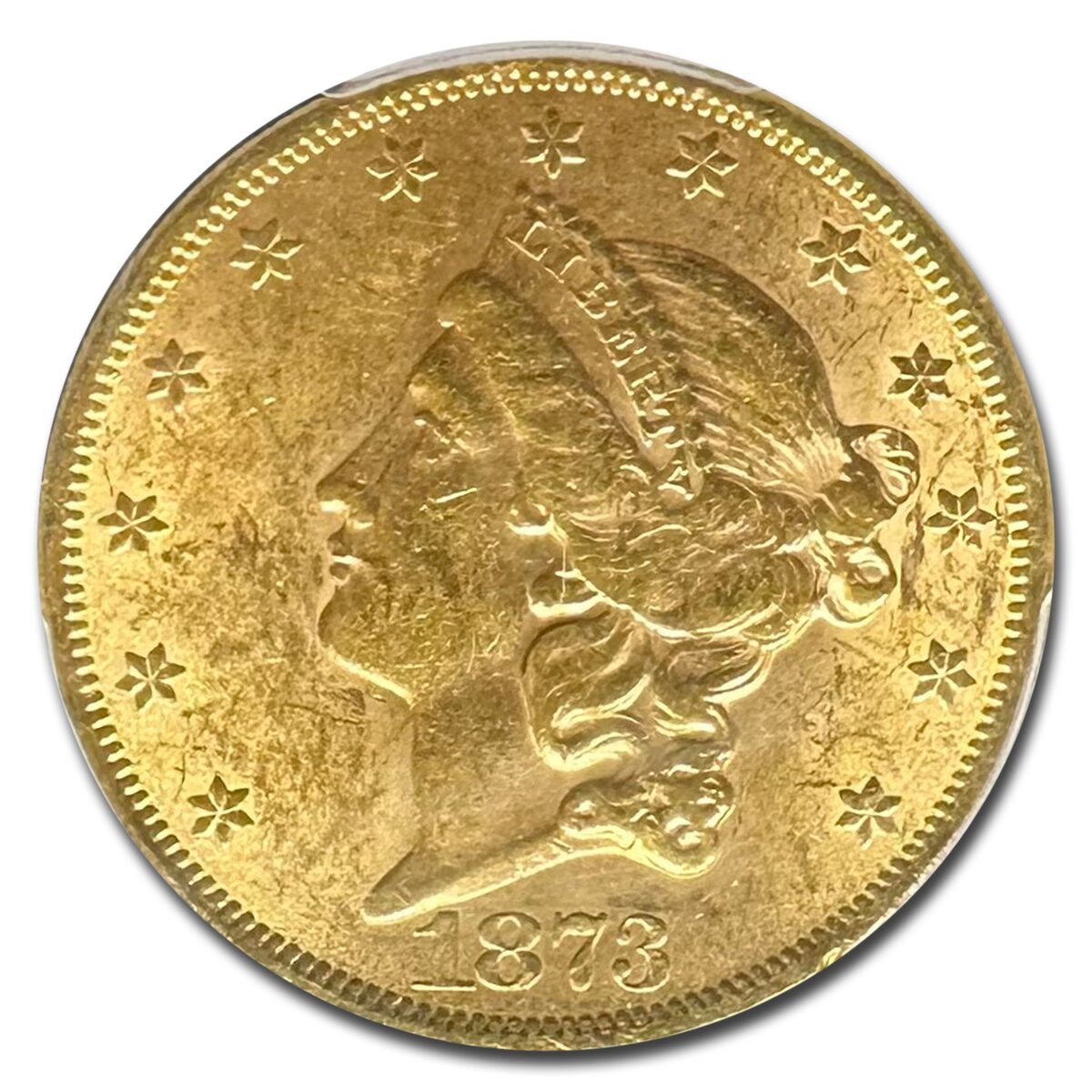 1873 $20 Liberty Gold Double Eagle Open 3 AU-58 PCGS
