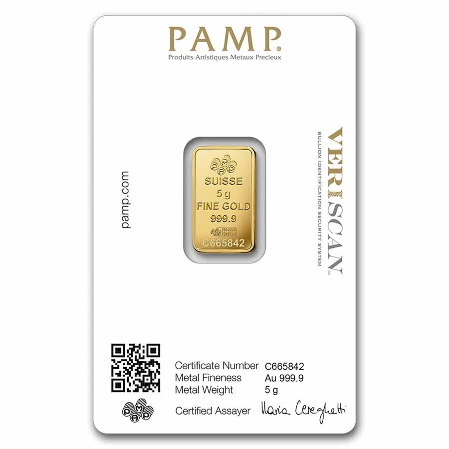 5 gram Gold Bar - PAMP Lady Fortuna Veriscan® (In Assay)