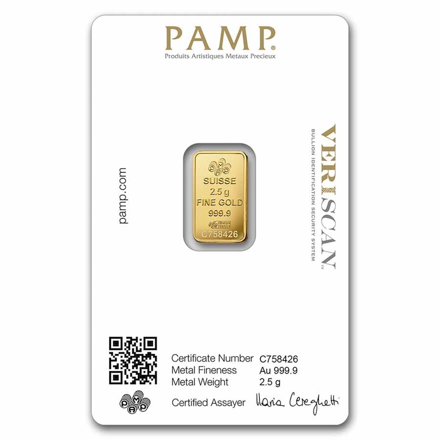 2.5 gram Gold Bar - PAMP Lady Fortuna Veriscan® (In Assay)