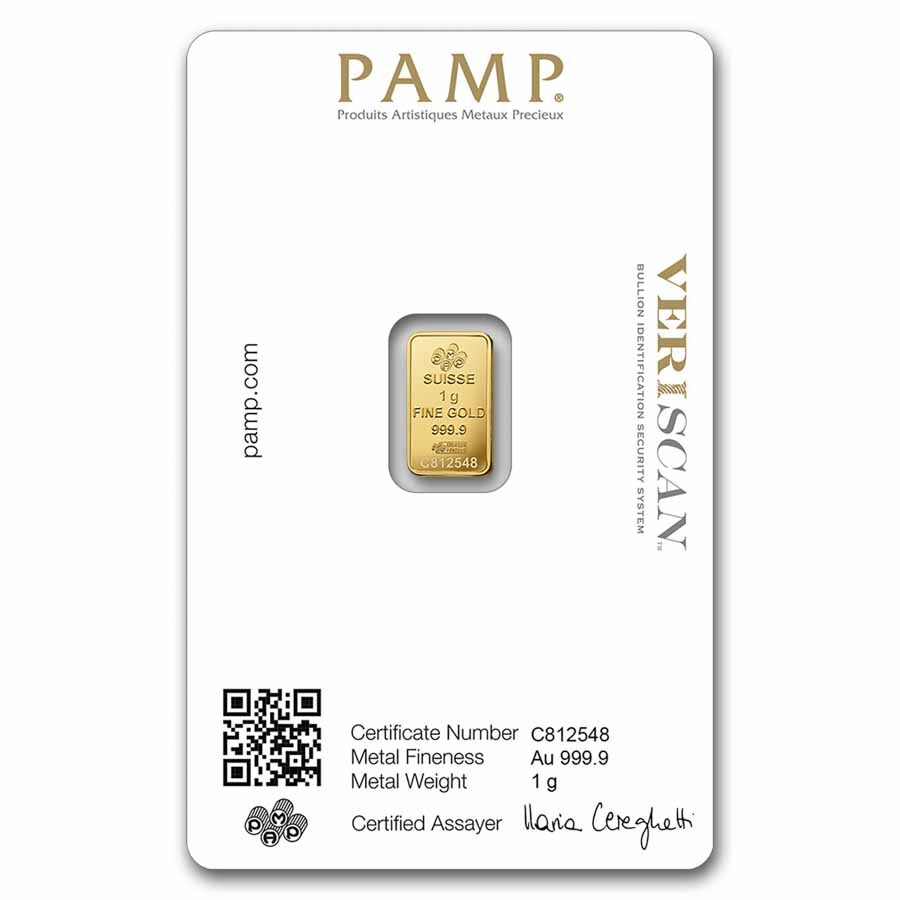 1 gram Gold Bar - PAMP Lady Fortuna VERISCAN™ (In Assay)