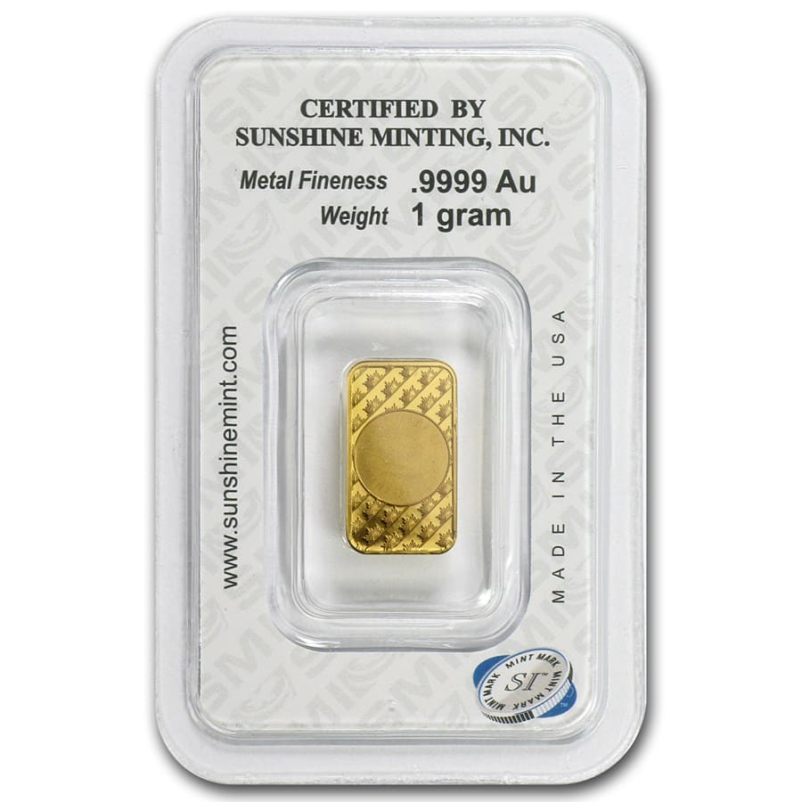 1 gram Gold Bar - Sunshine Minting New Design (In TEP Packaging)
