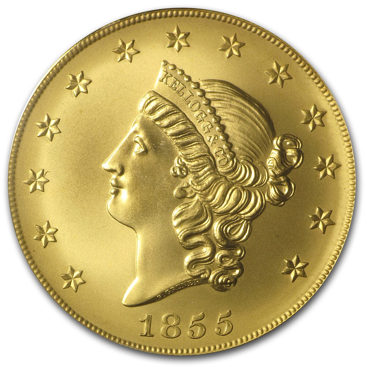 1855 2.419 oz $50 Kellogg Restrike GEM UNC PCGS (w/Display)