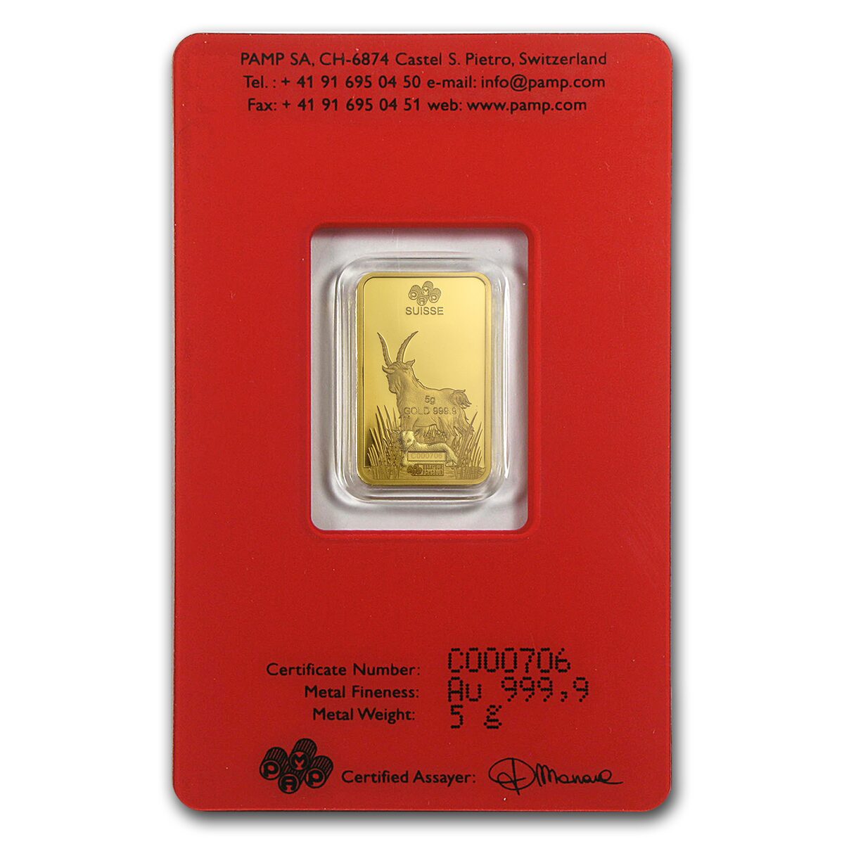 2015 5 gram Gold Bar - PAMP Suisse Year of the Goat (In Assay)