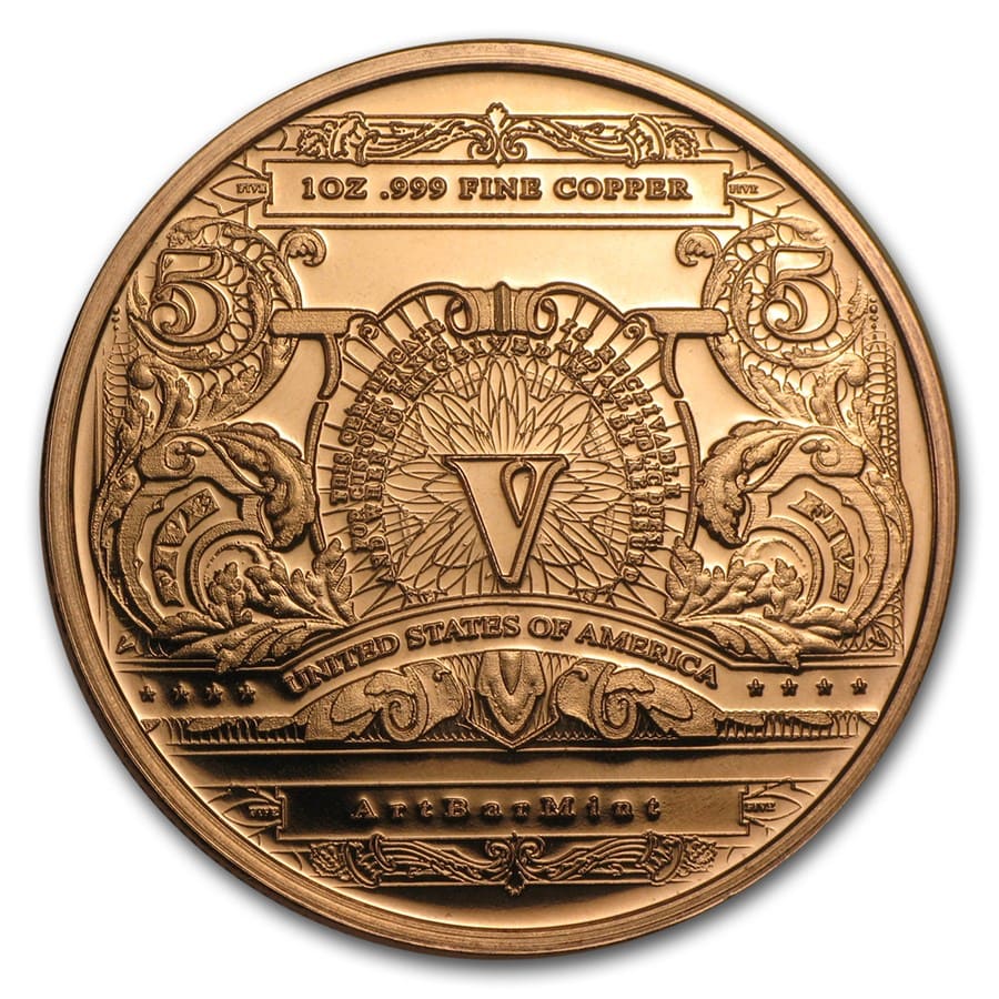 1 oz Copper Round - $5.00 Indian Chief Banknote Replica