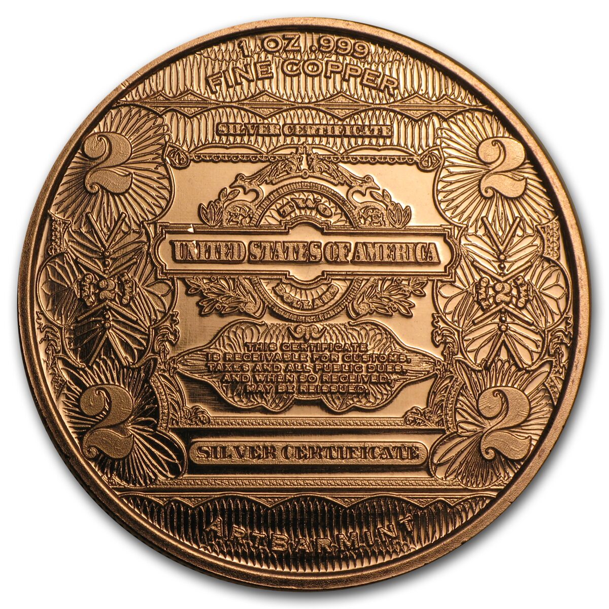 1 oz Copper Round - $2.00 Washington Banknote Replica