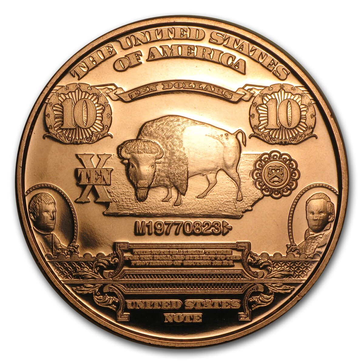 1 oz Copper Round - $10 Bison Banknote Replica