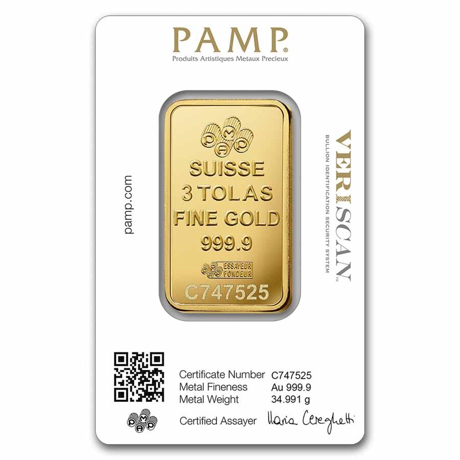 3 Tolas Gold Bar - PAMP Suisse Fortuna (In Assay)