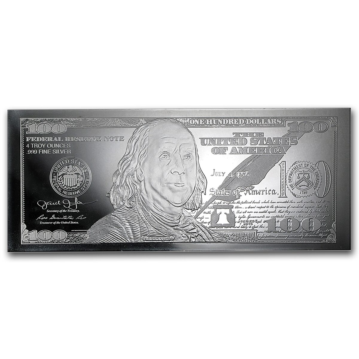 4 oz Silver Bar - 2015 $100 Bill (W/Box & COA)