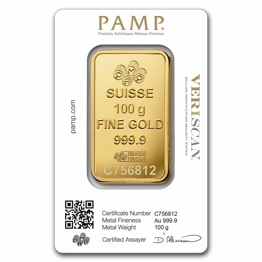 100 gram Gold Bar - PAMP Lady Fortuna Veriscan® (In Assay)