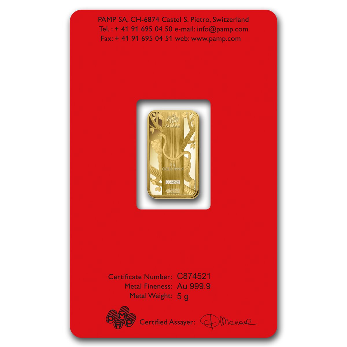2016 5 gram Gold Bar - PAMP Suisse Year of the Monkey (In Assay)