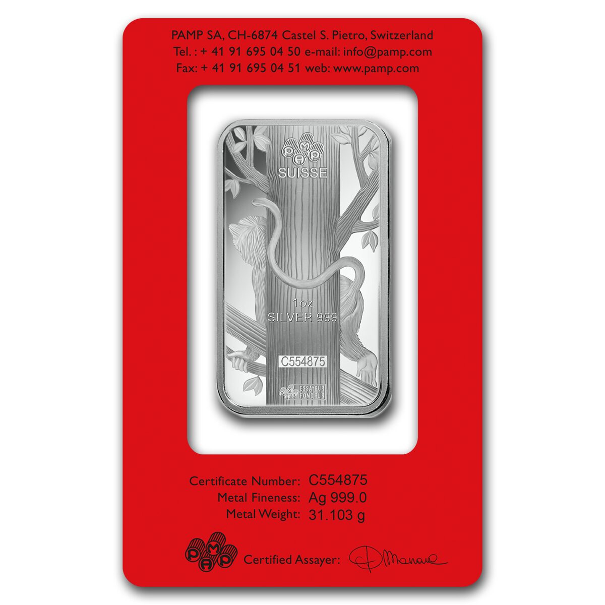 1 oz Silver Bar - PAMP Suisse (Year of the Monkey)