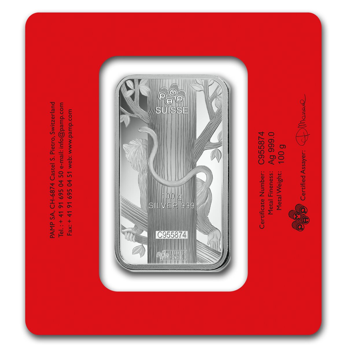 100 gram Silver Bar - PAMP Suisse (Year of the Monkey)