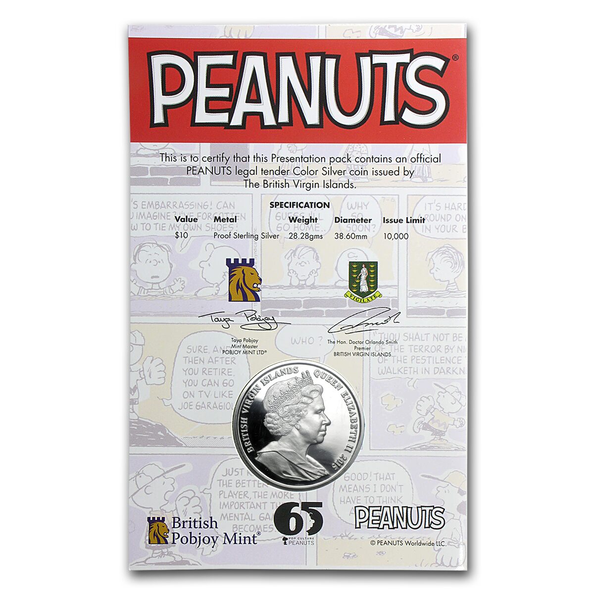 2015 British Virgin Islands .84 oz Silver $10 65th Ann of Peanuts