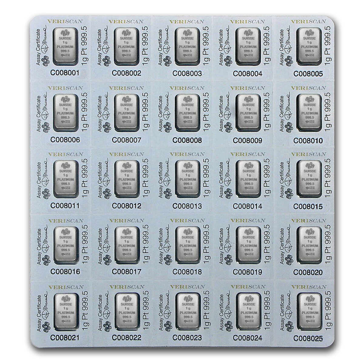 25x1 gram Platinum Bar - PAMP Suisse Multigram+25 (In Assay)