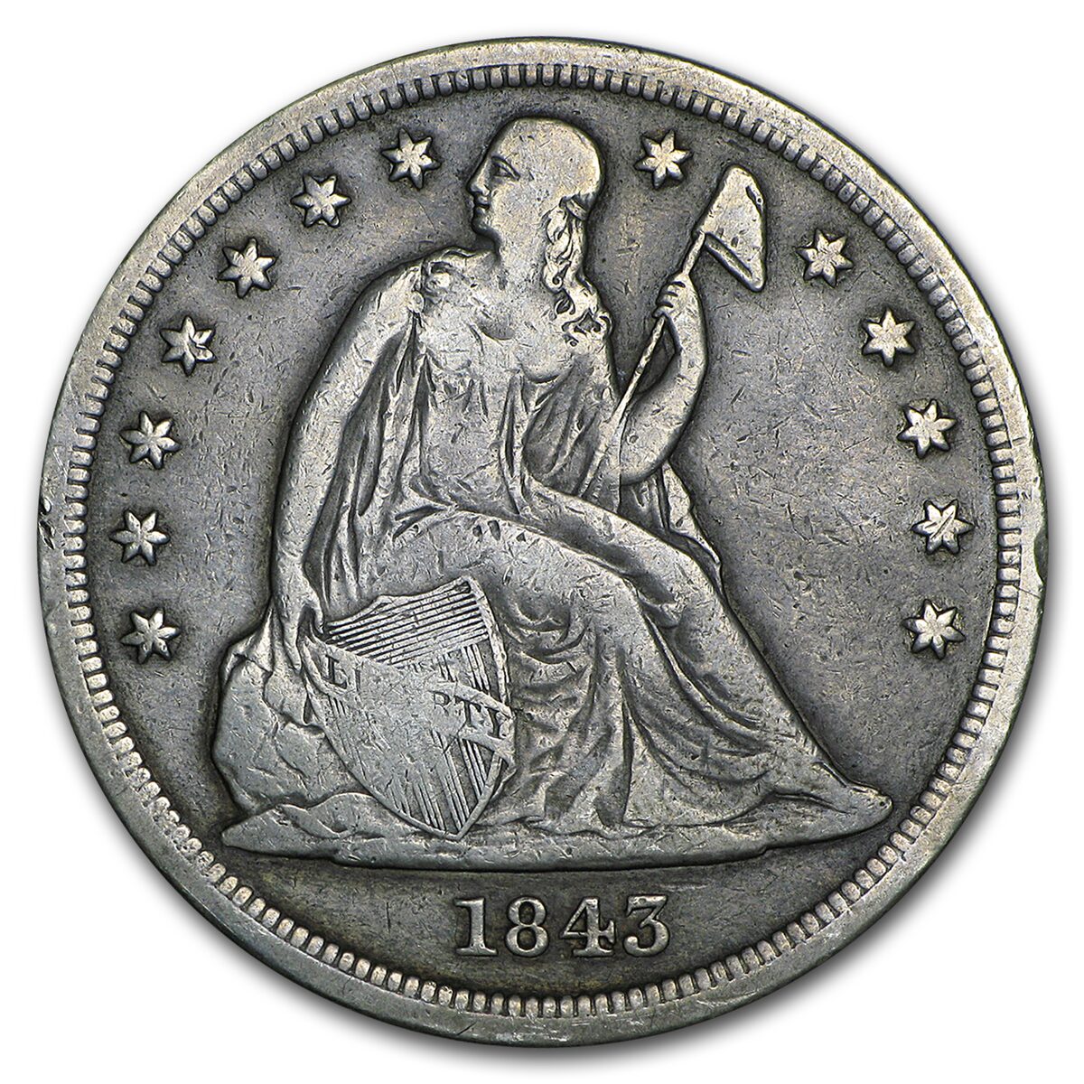 1843 Liberty Seated Dollar Fine