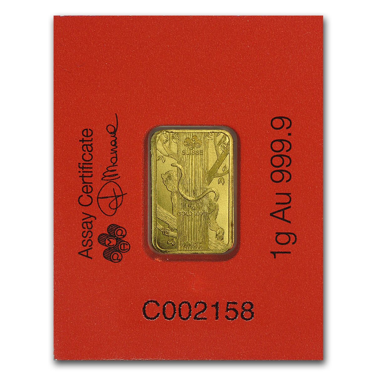 1 gram Gold Bar - PAMP Suisse Lunar Monkey Multigram (In Assay)