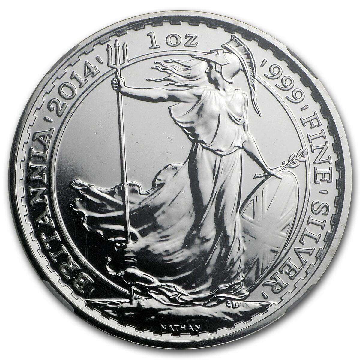2014 1 oz Silver Britannia Mule MS-69 PL NGC (w/Lunar Horse Obv)